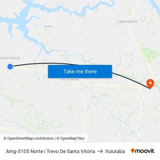 Amg-3105 Norte | Trevo De Santa Vitória to Ituiutaba map