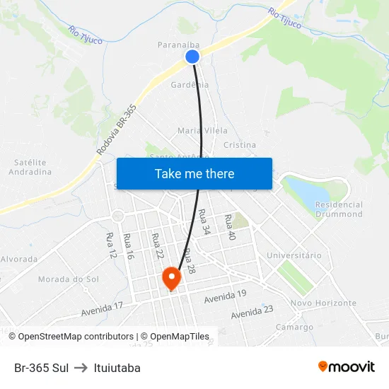 Br-365 Sul to Ituiutaba map