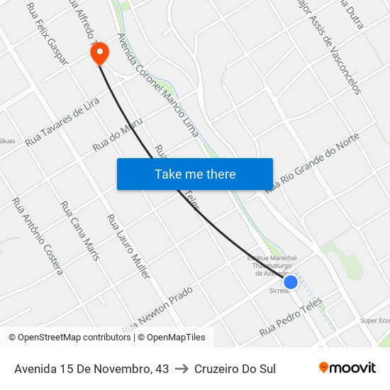 Avenida 15 De Novembro, 43 to Cruzeiro Do Sul map
