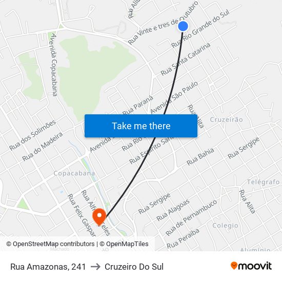 Rua Amazonas, 241 to Cruzeiro Do Sul map