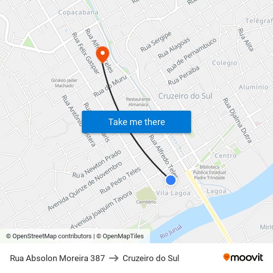 Rua Absolon Moreira 387 to Cruzeiro do Sul map