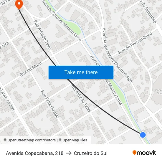 Avenida Copacabana, 218 to Cruzeiro do Sul map
