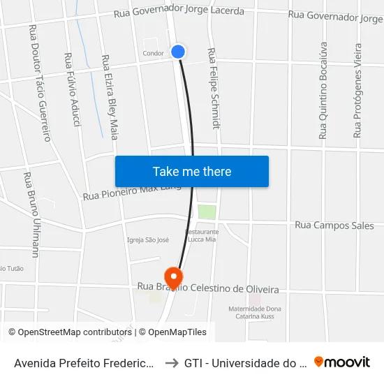 Avenida Prefeito Frederico Heyse, 1022 to GTI - Universidade do Contestado map