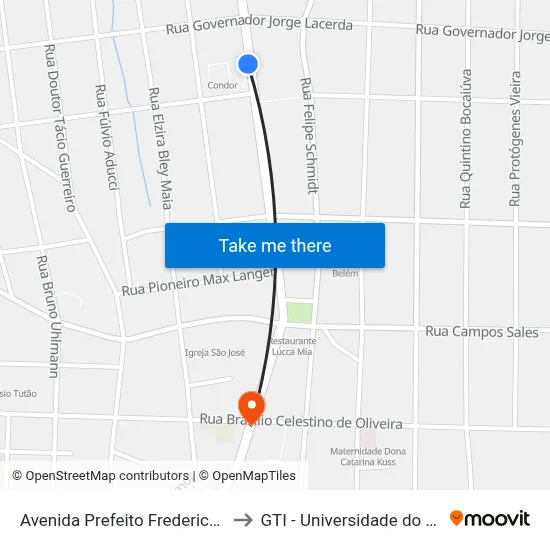 Avenida Prefeito Frederico Heyse, 971 to GTI - Universidade do Contestado map