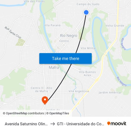 Avenida Saturnino Olinto, 1767 to GTI - Universidade do Contestado map