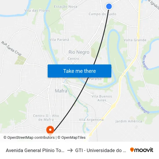 Avenida General Plínio Tourinho, 2362 to GTI - Universidade do Contestado map