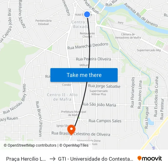 Praça Hercílio Luz to GTI - Universidade do Contestado map