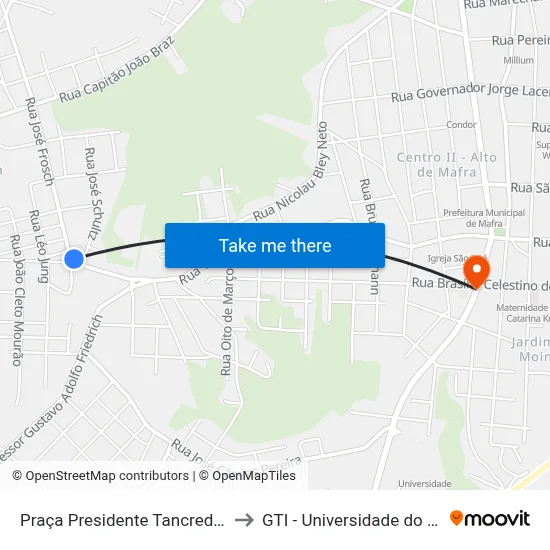 Praça Presidente Tancredo Neves, 258 to GTI - Universidade do Contestado map