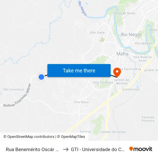 Rua Benemérito Oscár A Scholze to GTI - Universidade do Contestado map