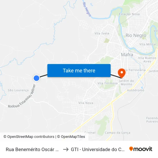 Rua Benemérito Oscár A Scholze to GTI - Universidade do Contestado map