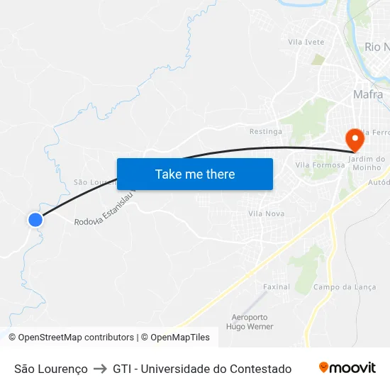 São Lourenço to GTI - Universidade do Contestado map