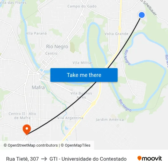 Rua Tietê, 307 to GTI - Universidade do Contestado map