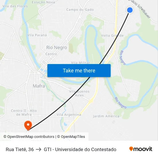 Rua Tietê, 36 to GTI - Universidade do Contestado map