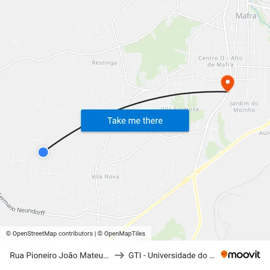 Rua Pioneiro João Mateus Leick, 1211 to GTI - Universidade do Contestado map