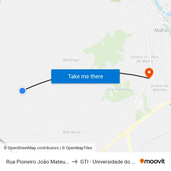 Rua Pioneiro João Mateus Leick, 985 to GTI - Universidade do Contestado map