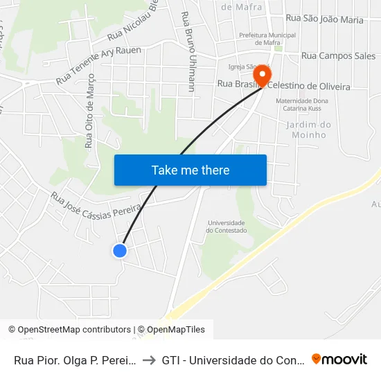 Rua Pior. Olga P. Pereira, 200 to GTI - Universidade do Contestado map