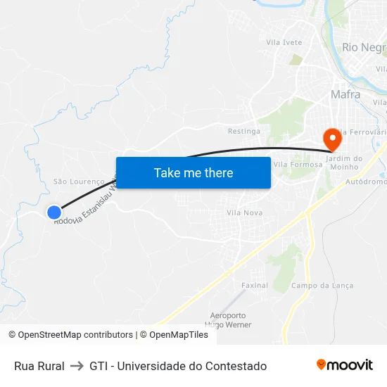Rua Rural to GTI - Universidade do Contestado map