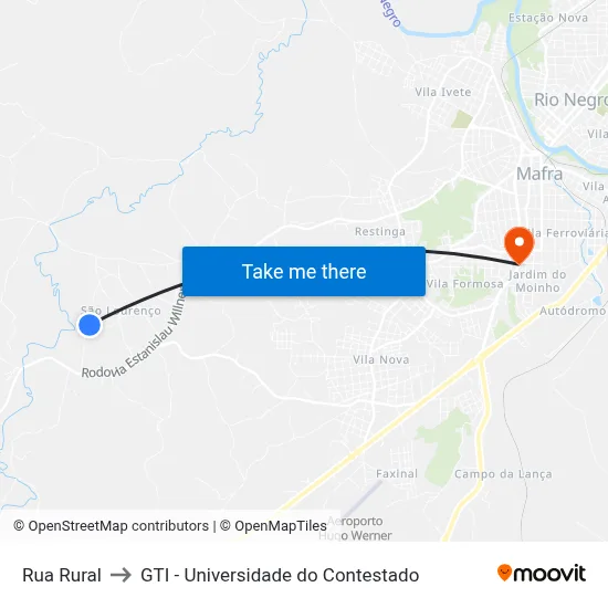 Rua Rural to GTI - Universidade do Contestado map
