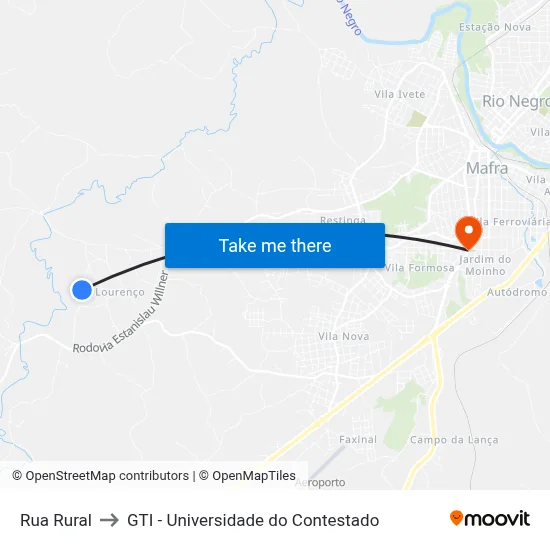 Rua Rural to GTI - Universidade do Contestado map