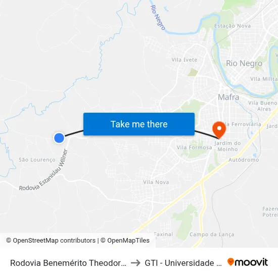 Rodovia Benemérito Theodoro Martins Stephanes to GTI - Universidade do Contestado map