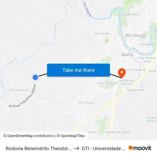 Rodovia Benemérito Theodoro Martins Stephanes to GTI - Universidade do Contestado map