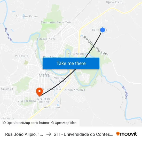 Rua João Alípio, 1413 to GTI - Universidade do Contestado map