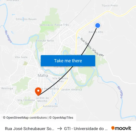 Rua José Scheubauer Sobrinho, 2915 to GTI - Universidade do Contestado map