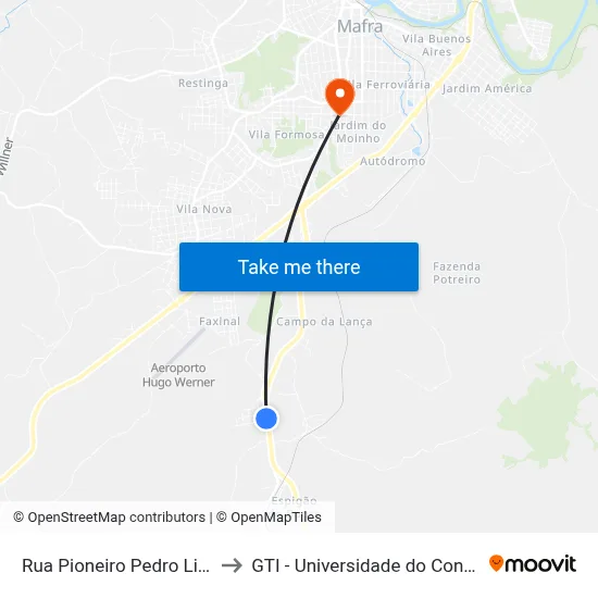 Rua Pioneiro Pedro Liebl, 45 to GTI - Universidade do Contestado map
