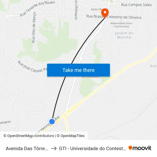 Avenida Das Tôrres, 2 to GTI - Universidade do Contestado map