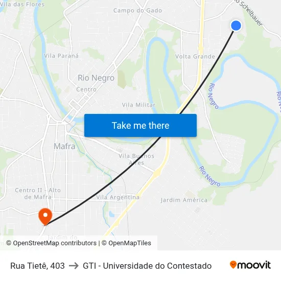 Rua Tietê, 403 to GTI - Universidade do Contestado map