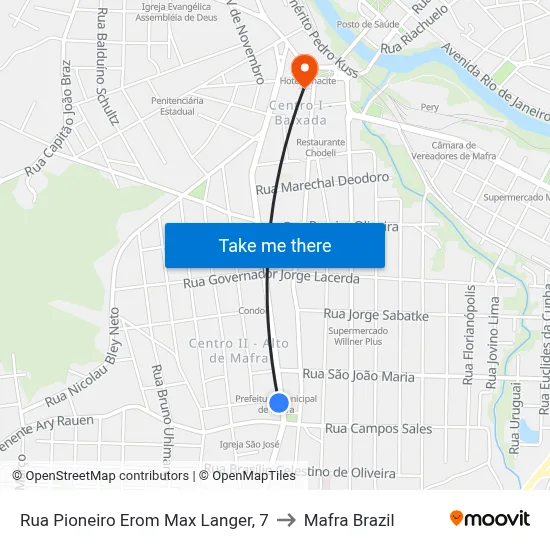 Rua Pioneiro Erom Max Langer, 7 to Mafra Brazil map