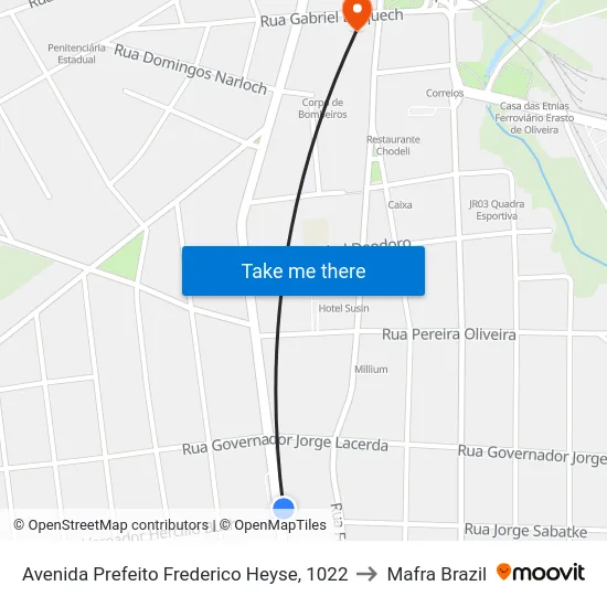 Avenida Prefeito Frederico Heyse, 1022 to Mafra Brazil map