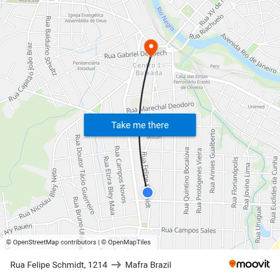 Rua Felipe Schmidt, 1214 to Mafra Brazil map