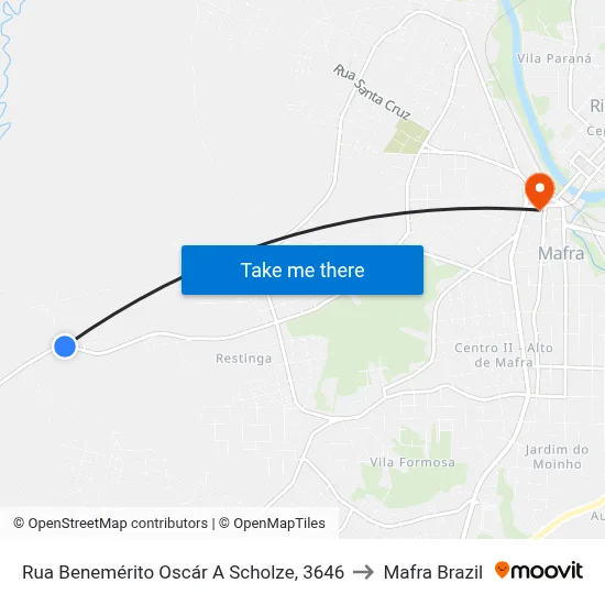Rua Benemérito Oscár A Scholze, 3646 to Mafra Brazil map