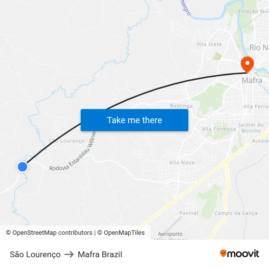 São Lourenço to Mafra Brazil map