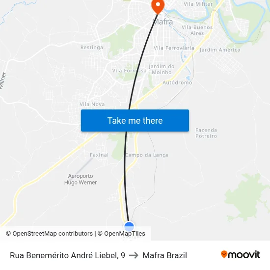 Rua Benemérito André Liebel, 9 to Mafra Brazil map