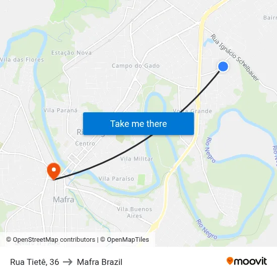 Rua Tietê, 36 to Mafra Brazil map