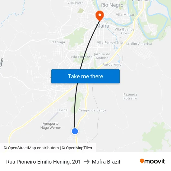 Rua Pioneiro Emílio Hening, 201 to Mafra Brazil map
