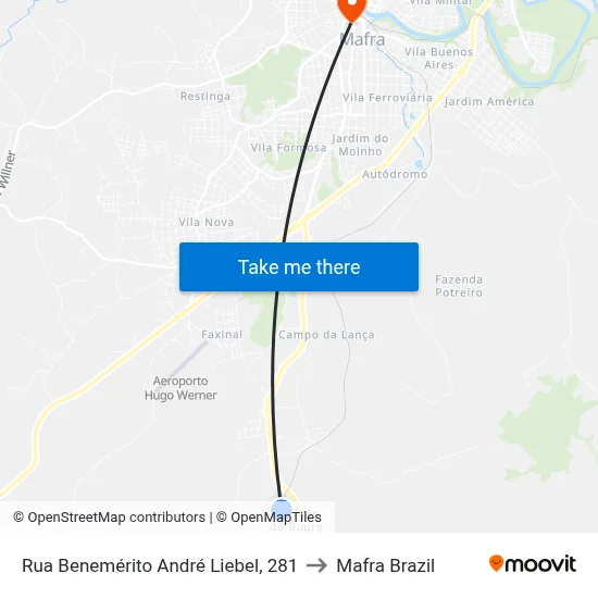 Rua Benemérito André Liebel, 281 to Mafra Brazil map