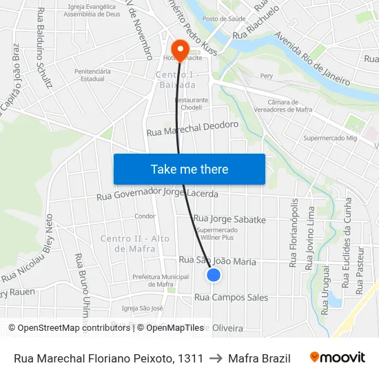 Rua Marechal Floriano Peixoto, 1311 to Mafra Brazil map
