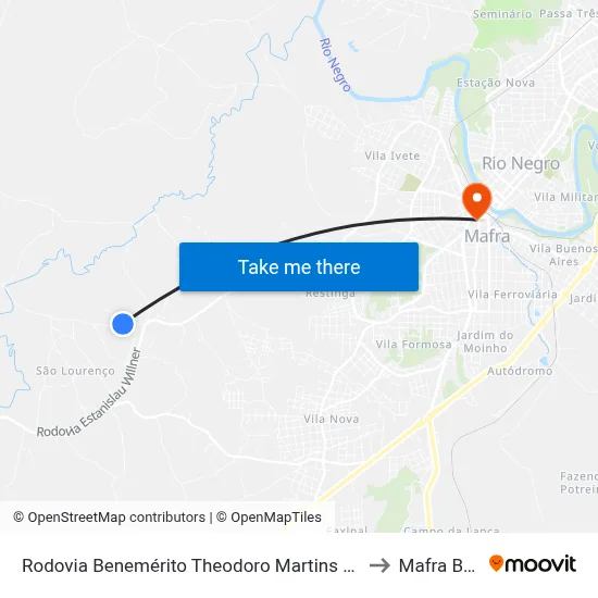 Rodovia Benemérito Theodoro Martins Stephanes to Mafra Brazil map