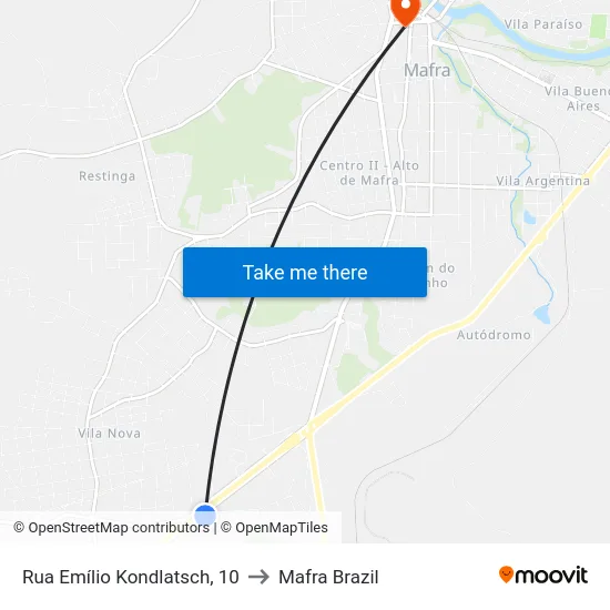 Rua Emílio Kondlatsch, 10 to Mafra Brazil map