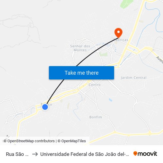 Rua São João, 349 to Universidade Federal de São João del-Rei (UFSJ/ Campus Dom Bosco) map