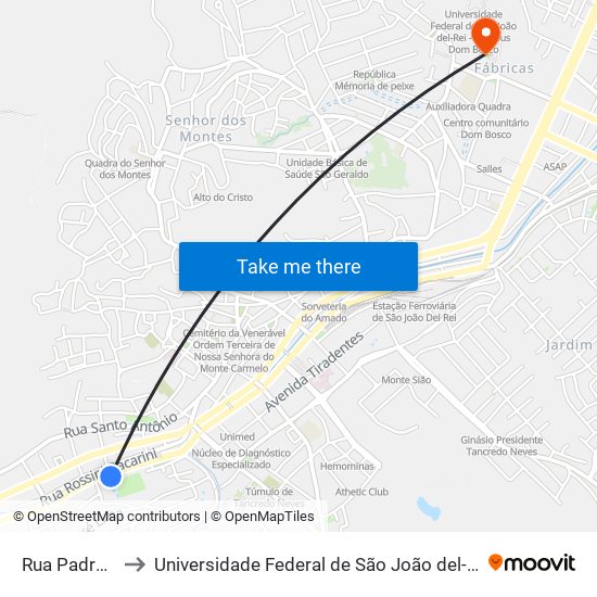 Rua Padre Rocha, 45 to Universidade Federal de São João del-Rei (UFSJ/ Campus Dom Bosco) map