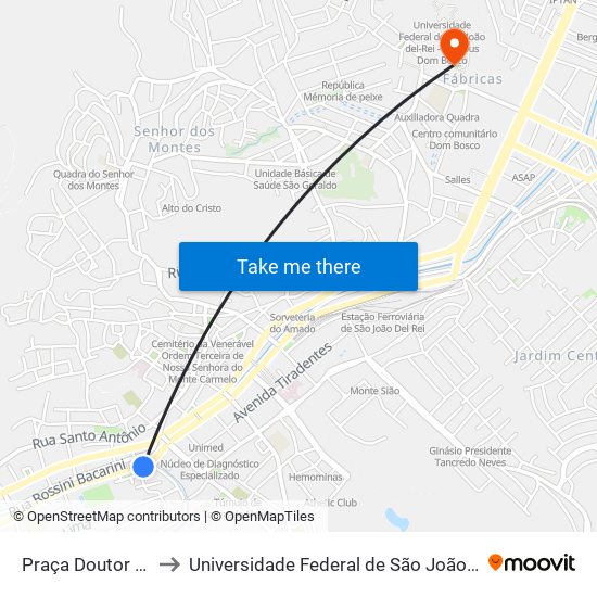 Praça Doutor Fausto Mourão, 9 to Universidade Federal de São João del-Rei (UFSJ/ Campus Dom Bosco) map