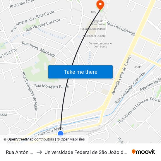 Rua Antônio Rocha, 270 to Universidade Federal de São João del-Rei (UFSJ/ Campus Dom Bosco) map