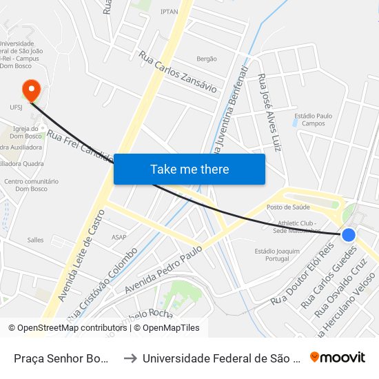 Praça Senhor Bom Jesus De Matozinhos, 380 to Universidade Federal de São João del-Rei (UFSJ/ Campus Dom Bosco) map