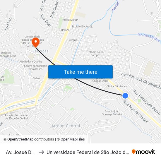 Av. Josué De Queirós, 486 to Universidade Federal de São João del-Rei (UFSJ/ Campus Dom Bosco) map