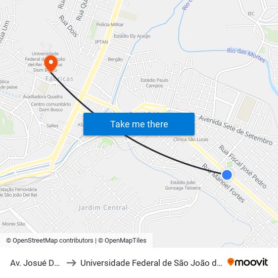 Av. Josué De Queirós, 700 to Universidade Federal de São João del-Rei (UFSJ/ Campus Dom Bosco) map