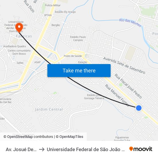 Av. Josué De Queirós, 1090 to Universidade Federal de São João del-Rei (UFSJ/ Campus Dom Bosco) map